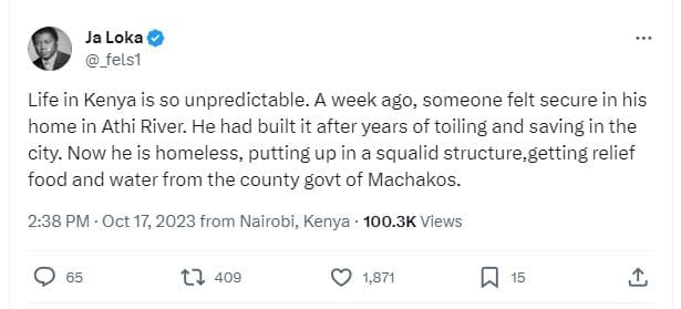 Ja loka _felsl life in kenya is so unpredictable. a week ago, someone felt secur