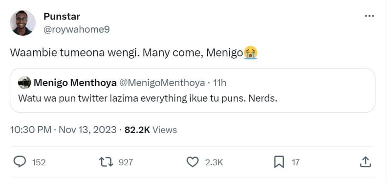 Punstar roywahomeg waambie tumeona wengi. many come menigo menigo menthoya menig