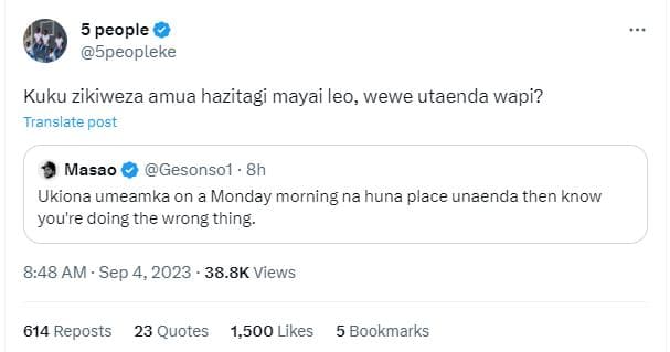 5 people 5peopleke kuku zikiweza amua hazitagi mayai leo wewe utaenda wapi? tran