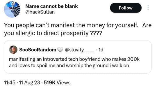 Name cannot be blank hacksultan follow you people can't manifest the money for y