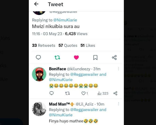 Tweet regbaevvanei replying to nimukiarie mwizi nlkuibia sura au . 03 may 23 . 6