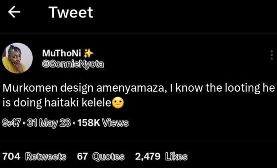 Tweet muthoni sonniemyota murkomen design amenyamaza i know the looting he is do