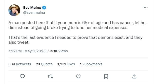 Eve maina evenmaina a man posted here that if your mum is 65 of age and has canc