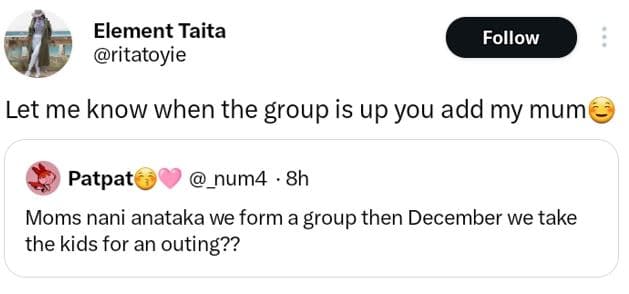 Element taita ritatoyie follow let me know when the group is up you add my mum p