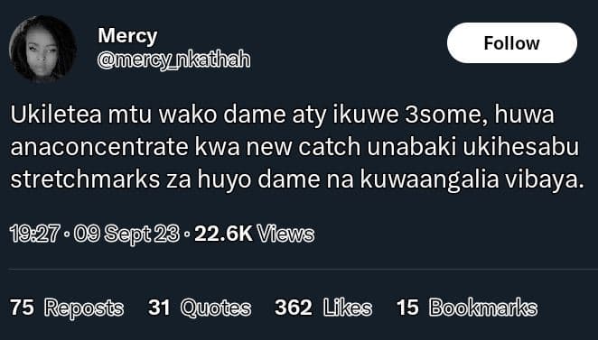 Mercy mmericy_nkadhah follow ukiletea mtu wako dame aty ikuwe 3some, huwa anacon