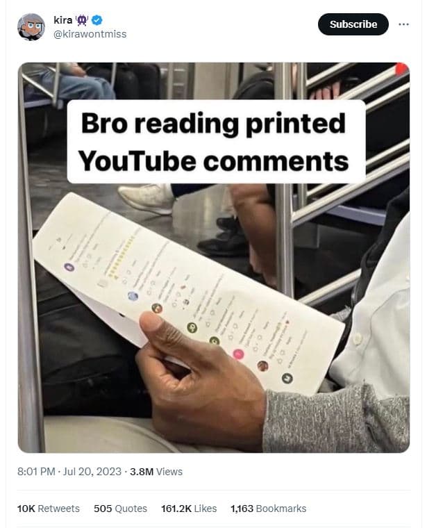 Kira '9 kirawontmiss subscribe bro reading printed youtube comments 8.01 pm jul