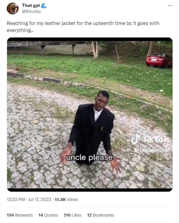 Thot gpt kivutss reaching for my leather jacket for the upteenth time bc it goes