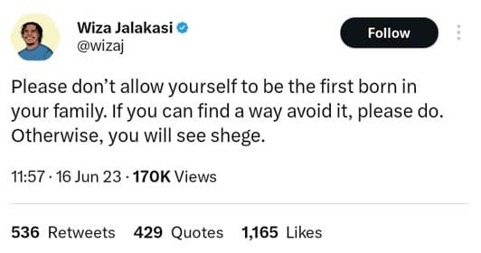 Wiza jalakasi wizaj follow please don't allow yourself to be the first born in y