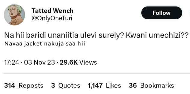Tatted wench onlyoneturi follow na hii baridi unaniitia ulevi surely? kwani umec