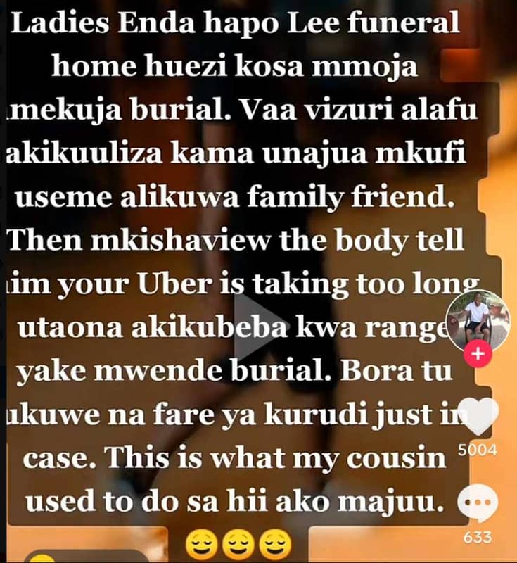 Ladies enda hapo lee funeral home huezi kosa mmoja mekuja burial. vaa vizuri ala