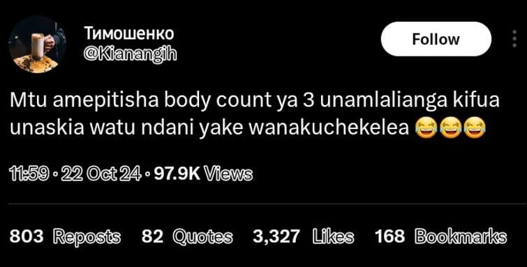 Tvmowehko follow mtu amepitisha body count ya 3 unamlalianga kifua unaskia watu