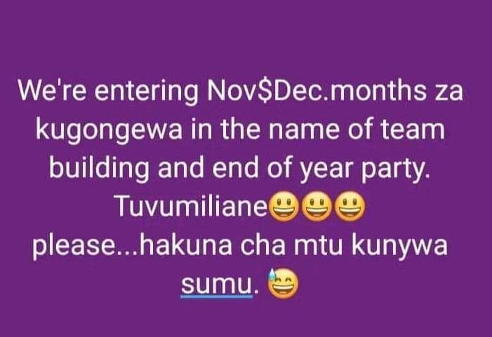 We're entering novsdec.months za kugongewa in the name of team building and end
