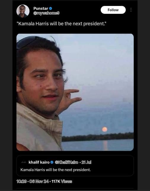 Punstar oyarhomeg follow kamala harris will be the next president khalif kairo k