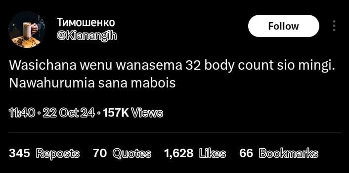 Tvmowehko kianangih follow wasichana wenu wanasema 32 body count sio mingi. nawa