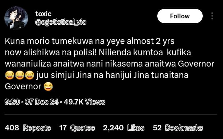 Toxic tstcalyic follow kuna morio tumekuwa na yeye almost 2 yrs now alishikwa na