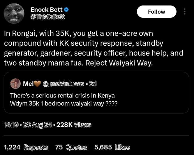 Enock bett thisisbed follow in rongai, with 35k,you get a oneacre own compound w