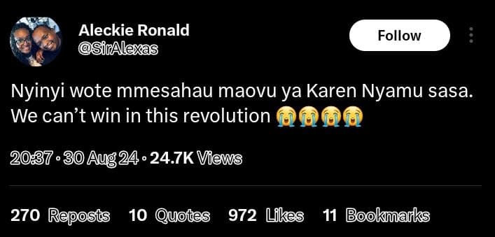 Aleckie ronald siralexas follow nyinyi wote mmesahau maovu ya karen nyamu sasa.