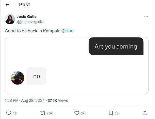 Post josie gallo josieevegallo good to be back in kampala uber are you coming no
