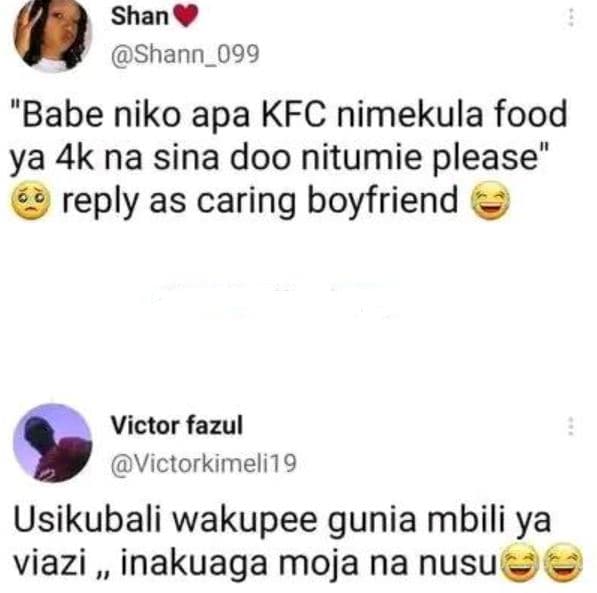 Shan shann_099 babe niko apa kfc nimekula food ya 4k na sina doo nitumie please'