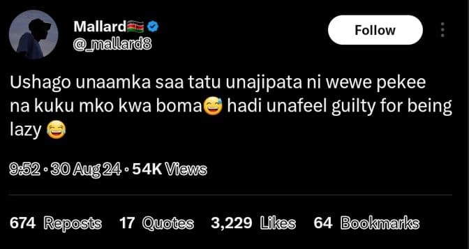 Mallard malland8 follow ushago unaamka saa tatu unajipata ni wewe pekee na kuku