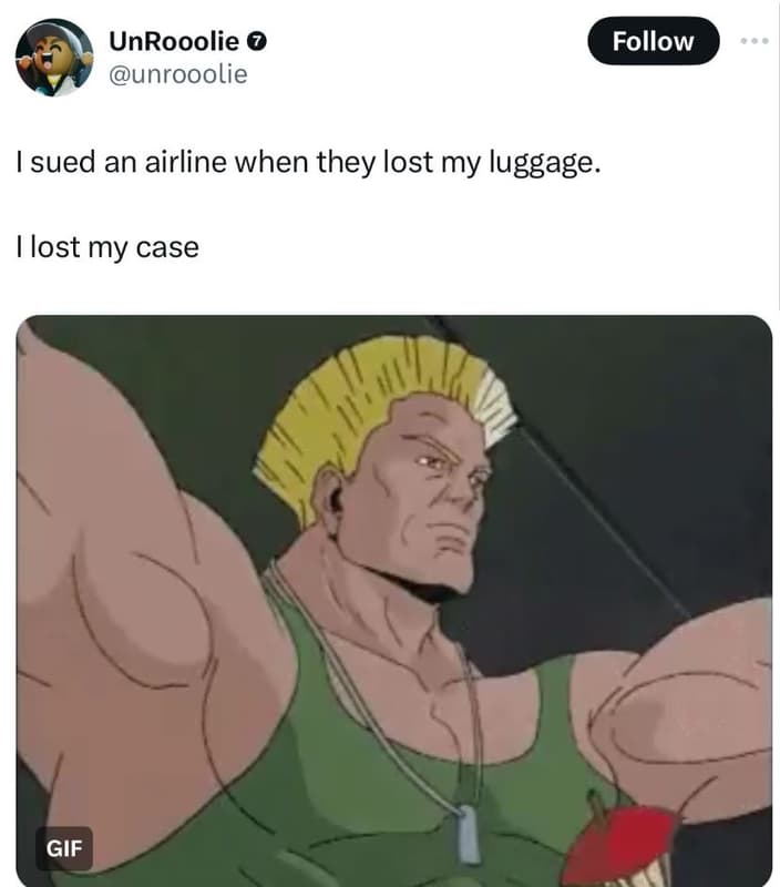 Unrooolie 0 unrooolie follow sued an airline when they lost my luggage. lost my