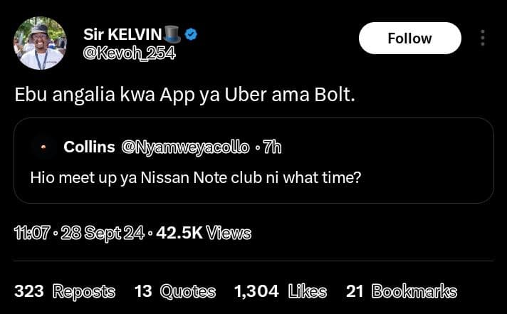 Sir kelvin kevoh 254 follow ebu angalia kwa appya uber ama bolt. collins nyamwey