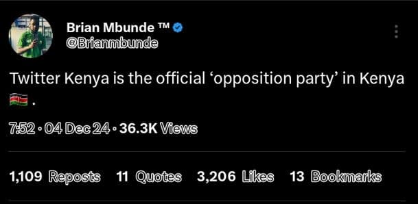 Brian mbunde tm 'brianmbunde twitter kenya is the official 'opposition party' in