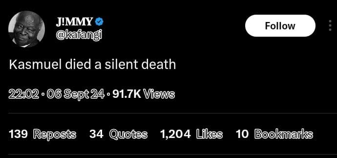 Jimmy kafang follow kasmuel died a silent death 06 sept24 .91.7k vews 139 reposi