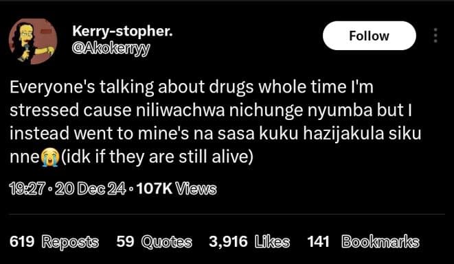 Kerrystopher. aakokeiiyy follow everyone's talking about drugs whole time i'm st