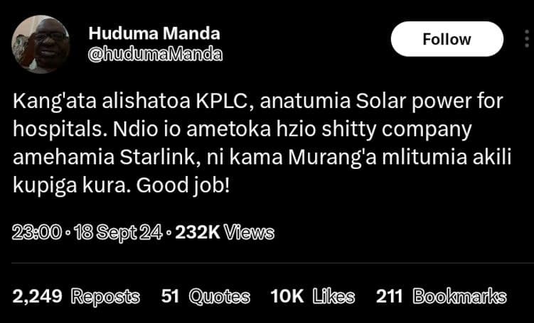 Huduma manda hudumamanda follow kang'ata alishatoa kplc, anatumia solar power fo