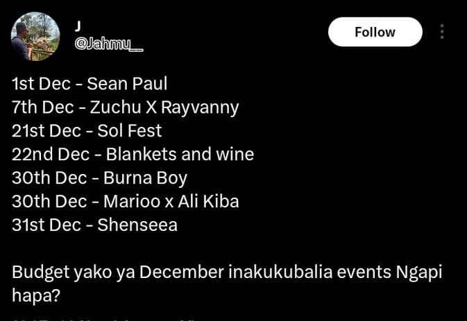 Follow jahmy ist dec sean paul 7th dec zuchu x rayvanny 21st dec sol fest 22nd d
