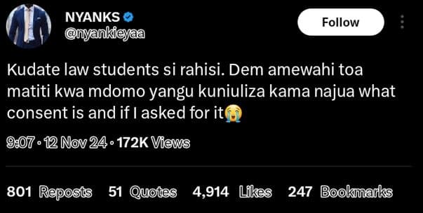 Nyanks nyankieyaa follow kudate law students si rahisi. dem amewahi toa matiti k