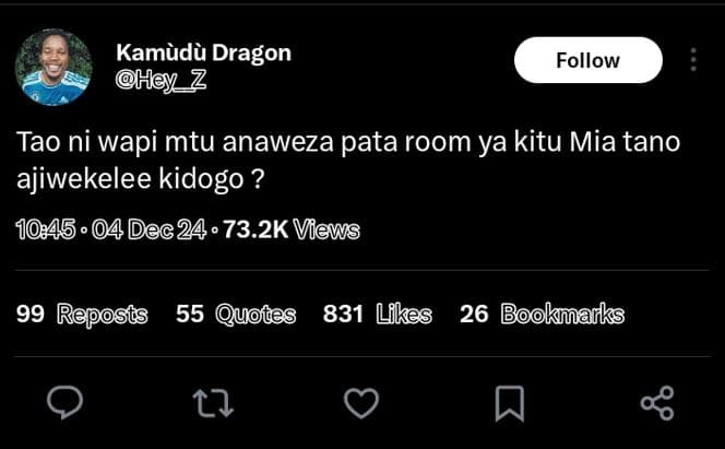 Kamudà dragon hey 7 follow tao ni wapi mtu anaweza pata room ya kitu mia tano aj