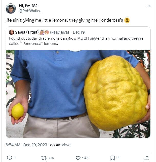 Hi,fm 6'2 robwalks life aint giving me little lemons, they giving me ponderosa's