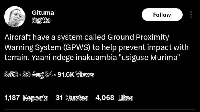 Gituma 1s follow aircraft have a system called ground proximity warning system g