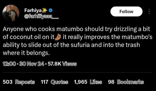 Farhiya fa rhiliyaa follow anyone who cooks matumbo should try drizzling a bit o