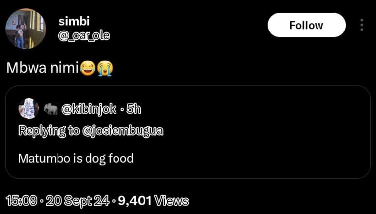 Simbi carole follow mbwa nimi kibinjok 5h replying t josiembugua matumbo is dog