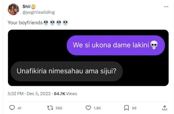 Shii yogirliswilding your boyfriends we si ukona dame lakini unafikiria nimesaha