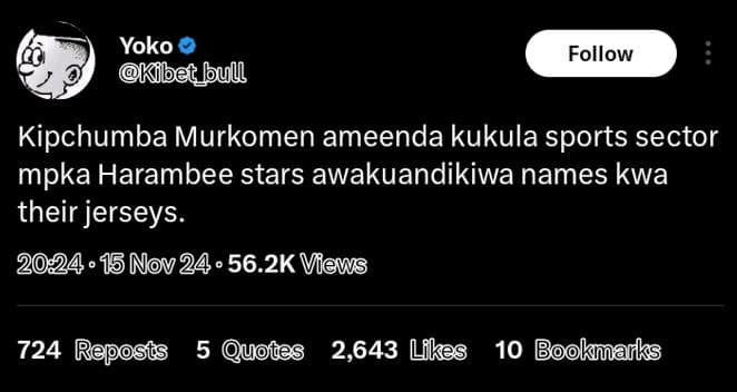 Yoko kibet_bul follow kipchumba murkomen ameenda kukula sports sector mpka haram