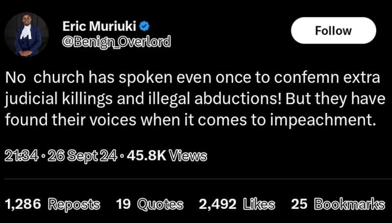 Eric muriuki 'benign_verlond follow no church has spoken even once to confemn ex