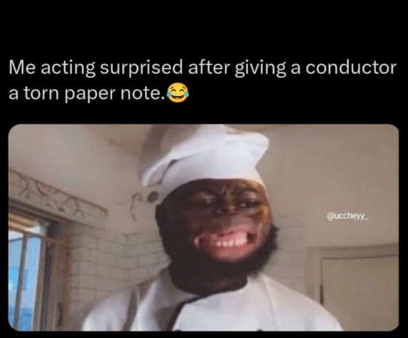 Me acting surprised after giving a conductor a torn paper note ucchey_