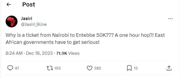 Post jasiri jasiri_gline why is a ticket from nairobi to entebbe 5ok??? a one ho