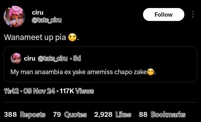 Ciru tacilu follow wanameet up pia ciru tata cilu 54 my man anaambia ex yake ame