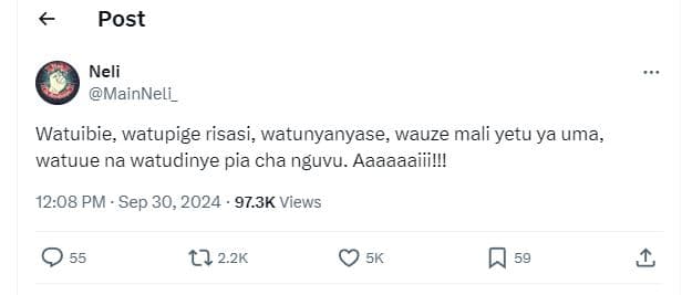 Post neli mainneli_ watuibie watupige risasi, watunyanyase wauze mali yetu ya um