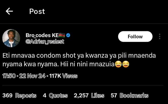 Post brocodes ke adrianealest follow eti mnavaa condom shot ya kwanza ya pili mn