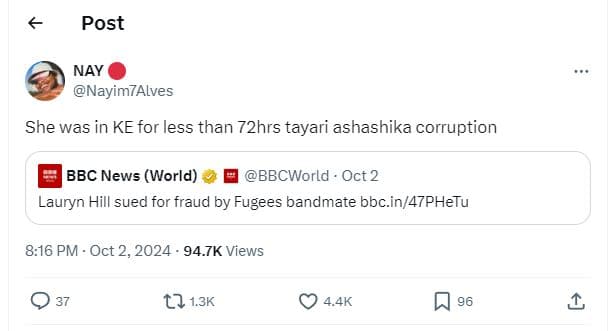 Post nay nayim7alves she was in ke for less than 72hrs tayari ashashika corrupti