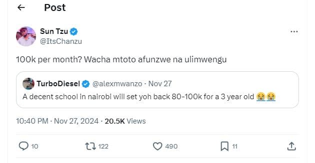 Post sun tzu itschanzu 1ook per month? wacha mtoto afunzwe na ulimwengu turbodie