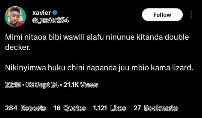 Xavier _xavier254 follow mimi nitaoa bibi wawili alafu ninunue kitanda double de