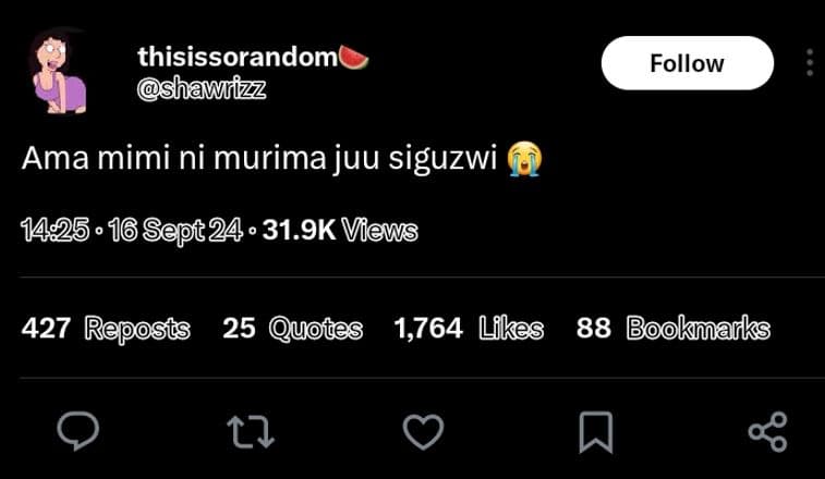 Thisissorandom shawrizz follow ama mimi ni murima juu siguzwi . 16 sept24 . 31.9