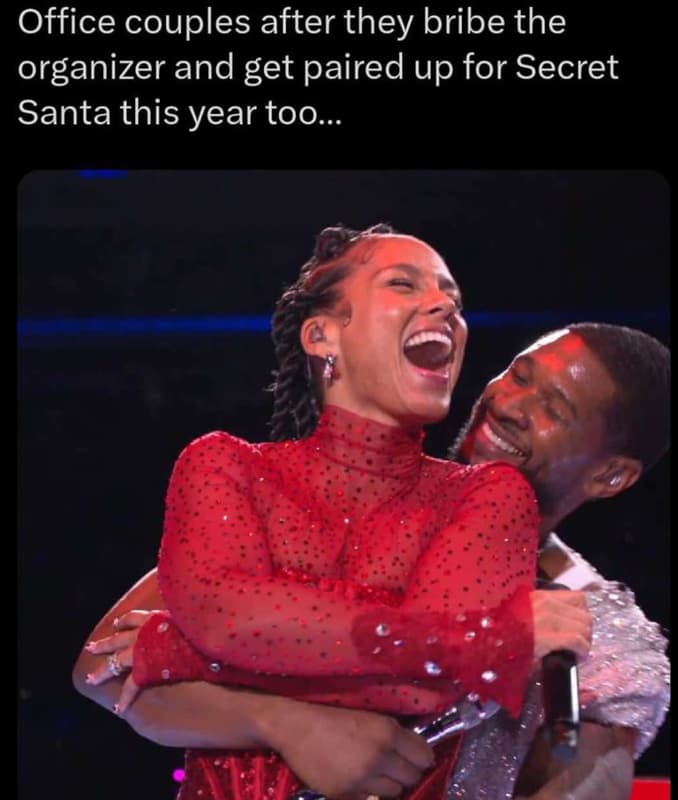 Office couples after they bribe the organizer and get paired up for secret santa